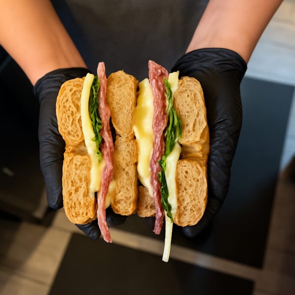 Gloved hands holding a sandwich with salami, melted cheese, and greens on toasted bread.